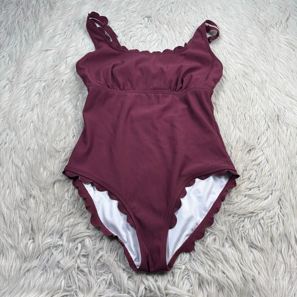 Charmo Women's M Wine Purple Cut Out Square Neck Scalloped One Piece Swimsuit